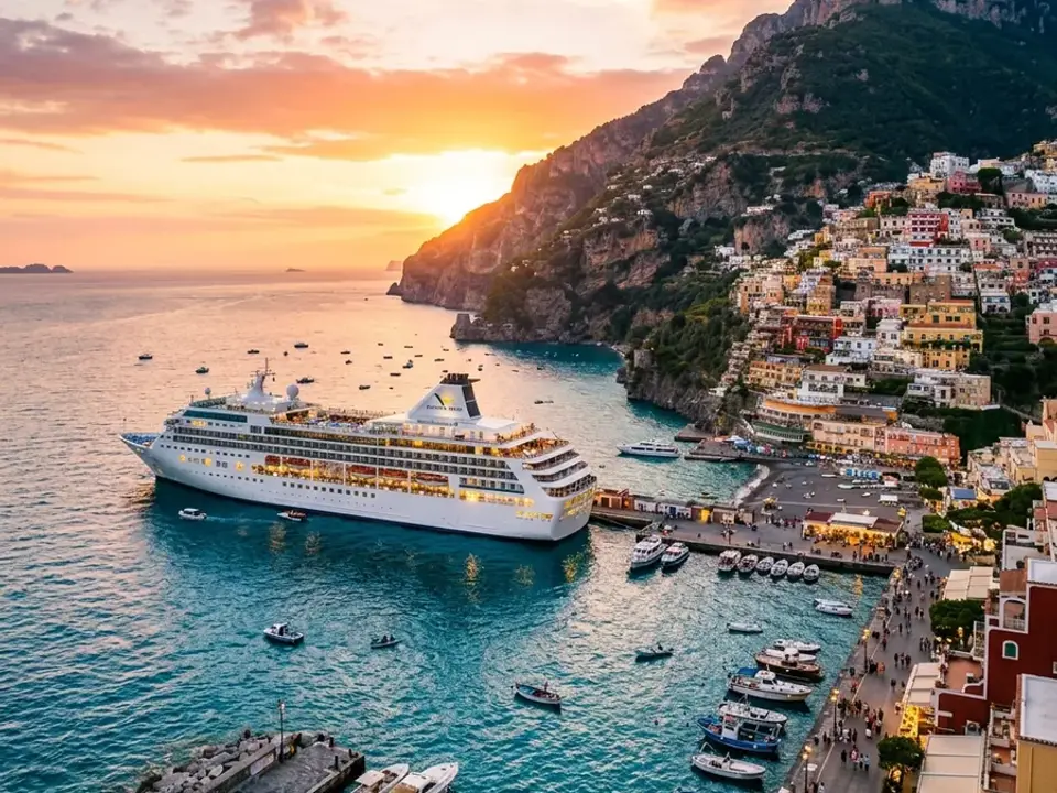 Colourful hillside town and harbour on the Amalfi Coast at sunset