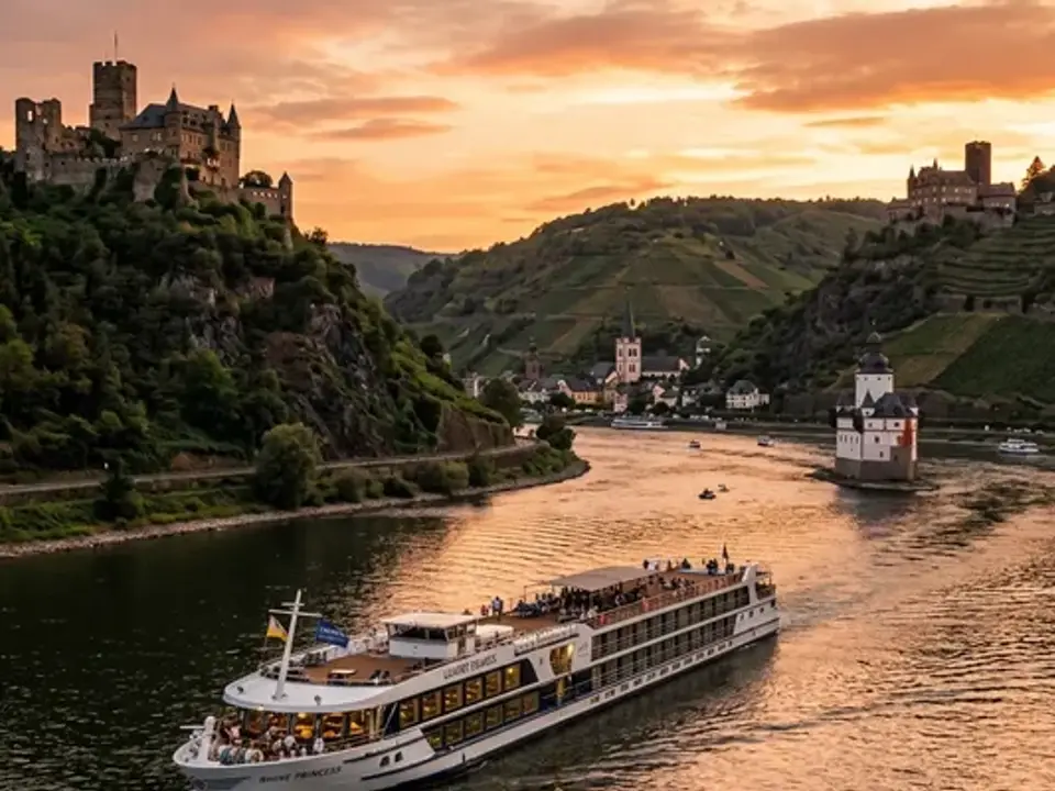 Castles and vineyards along the Rhine river at sunset